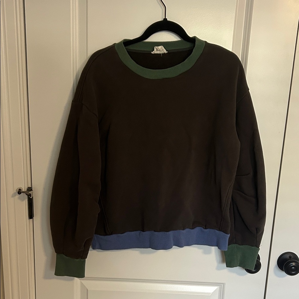 Women’s Black Sweatshirt with Green and Blue Accents Two Toned 100% Cotton